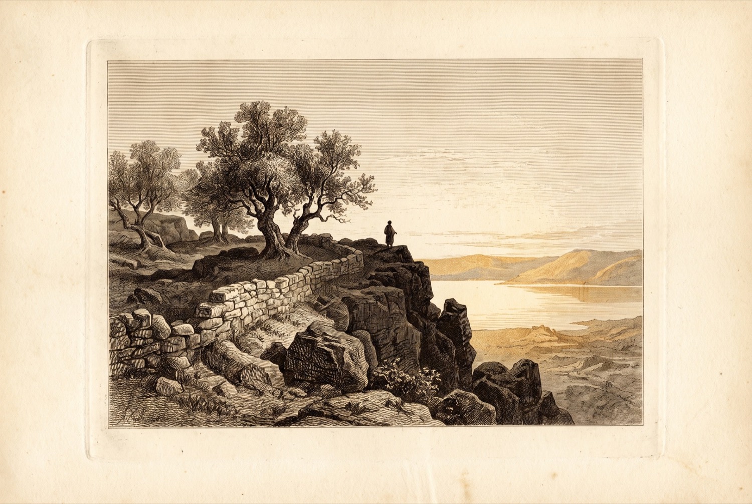 Engraving of a basalt plateau with an old olive grove and a field-stone wall, looking down to a wide lake going gold in the evening.