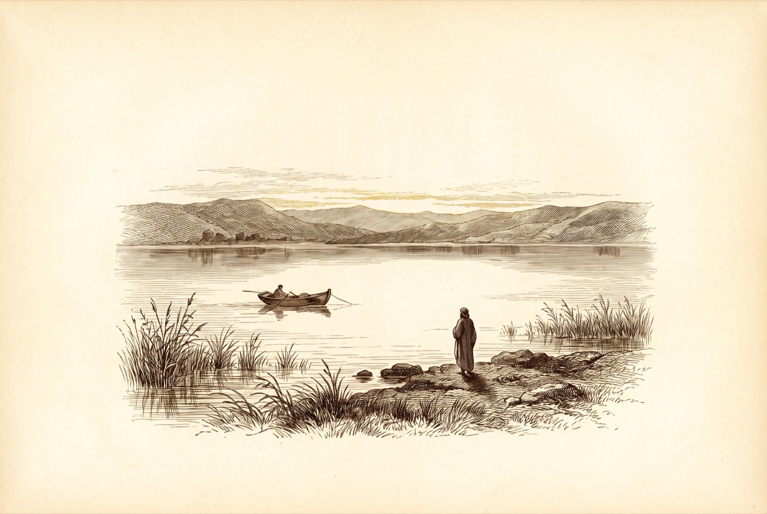 Engraving of a still lake at first light, a wooden fishing boat, reeds, and a figure standing on the shore.