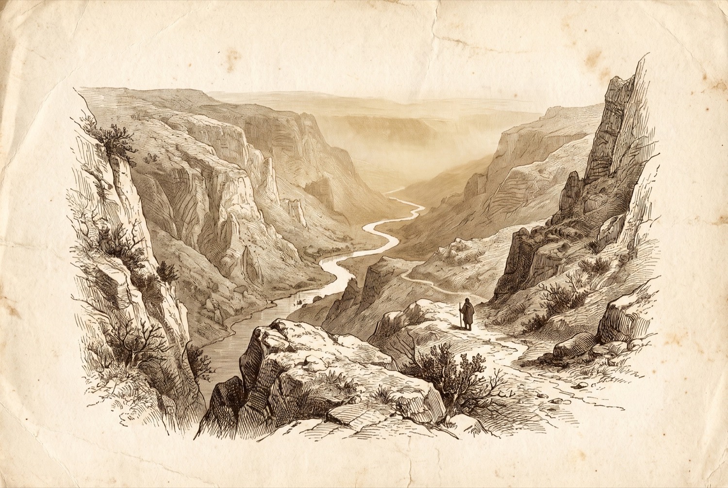 Engraving of a deep arid river valley from above, a narrow river winding between cliffs, a small figure with a staff on the path.